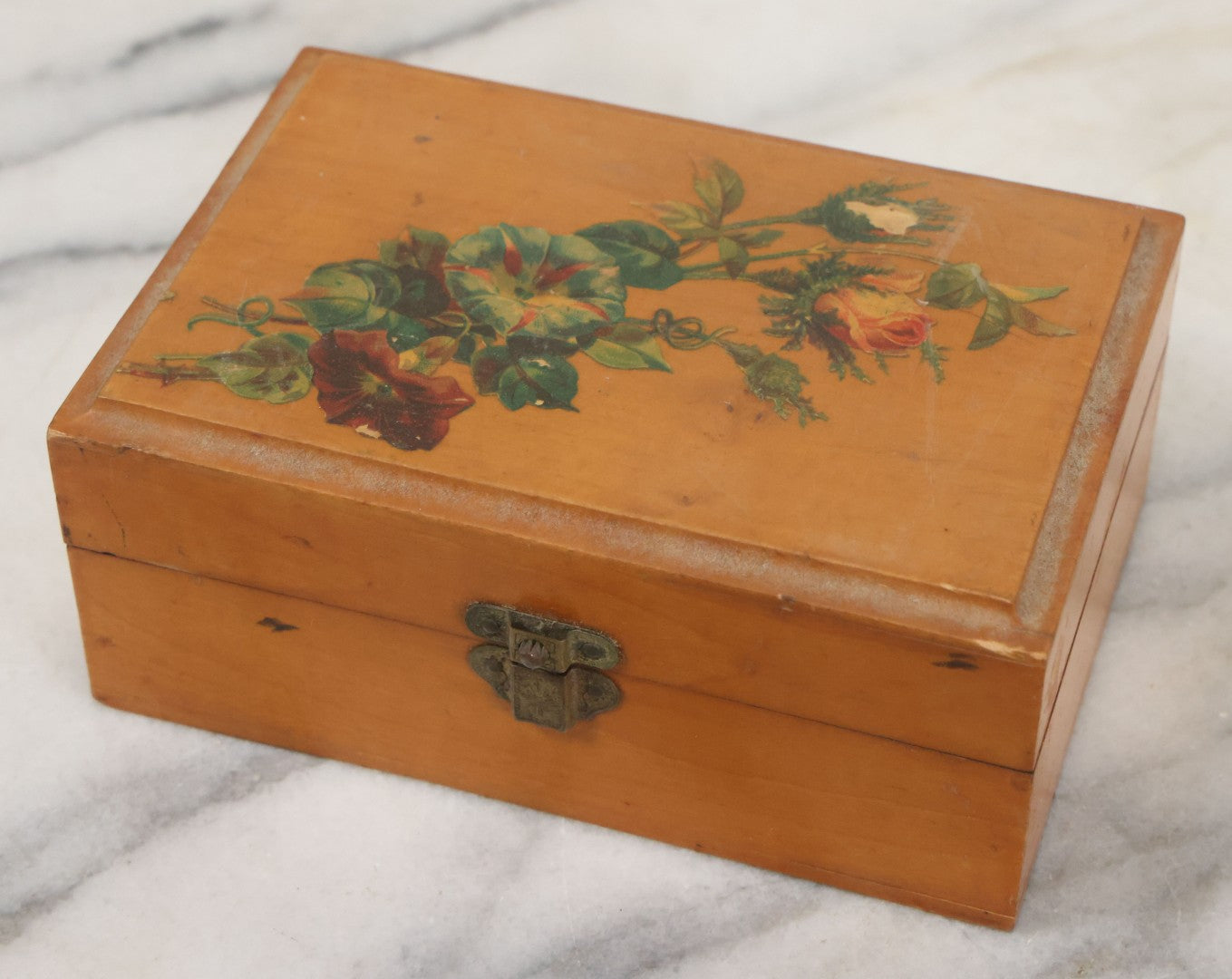 Lot 100 - Grouping Of 3 Vintage And Antique Wooden Keepsake Boxes Including Inlaid Box With Dragons Pocket Watch Box And Box With Flower Decal