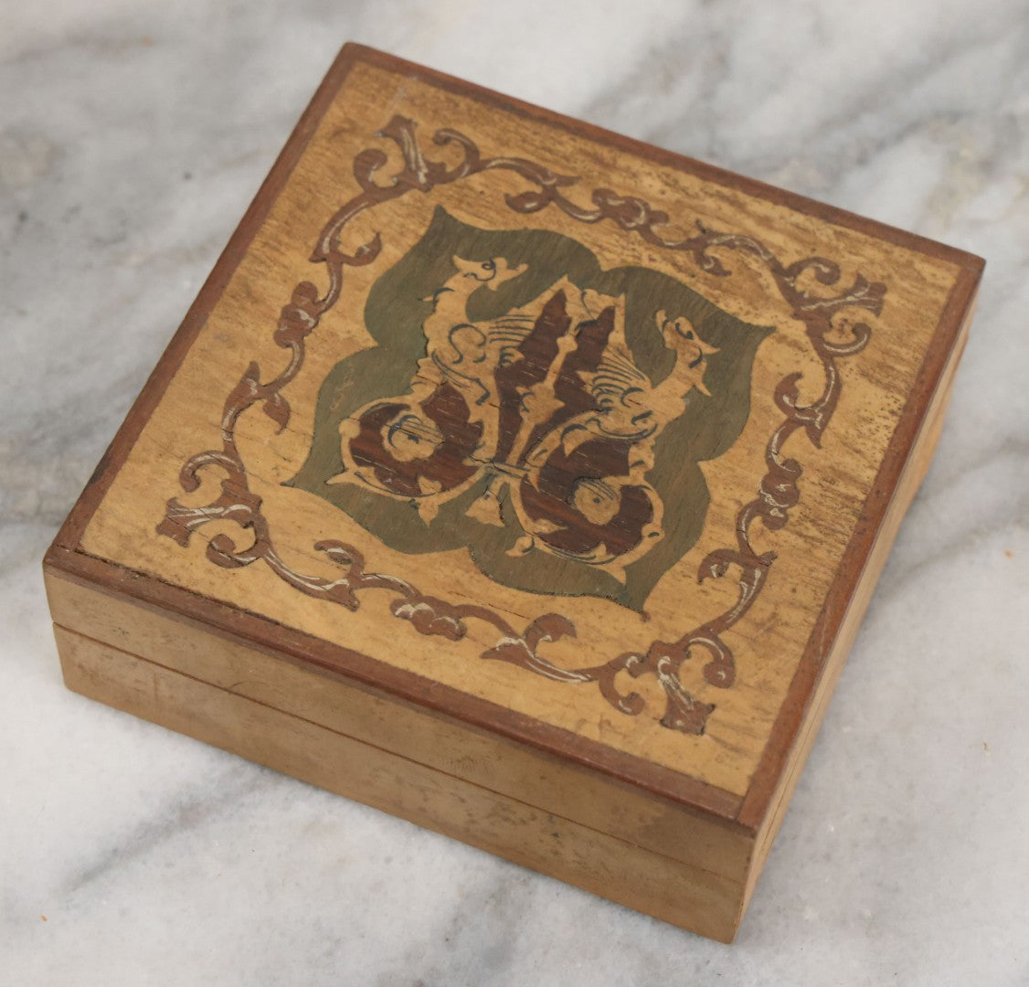 Lot 100 - Grouping Of 3 Vintage And Antique Wooden Keepsake Boxes Including Inlaid Box With Dragons Pocket Watch Box And Box With Flower Decal