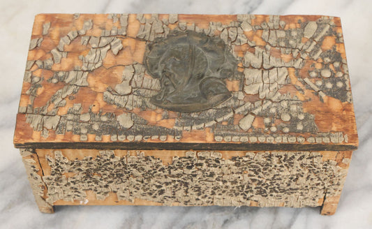Lot 101 - Antique Wooden Box With Chippy Paint And Metal Adornment Featuring Man In Hat