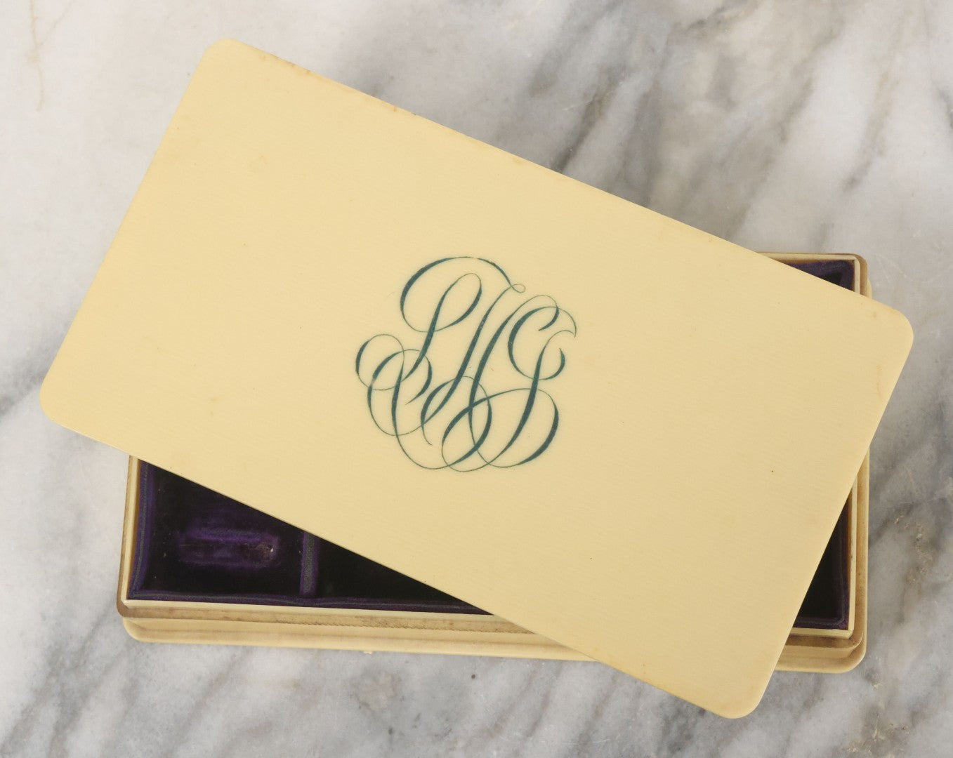Lot 102 - Antique Celluloid Dresser Jewelry Box With Monogram, L.H.J., Purple Velvet Lining, Note Hinge Broken, Top Lifts Off