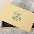 Lot 102 - Antique Celluloid Dresser Jewelry Box With Monogram, L.H.J., Purple Velvet Lining, Note Hinge Broken, Top Lifts Off