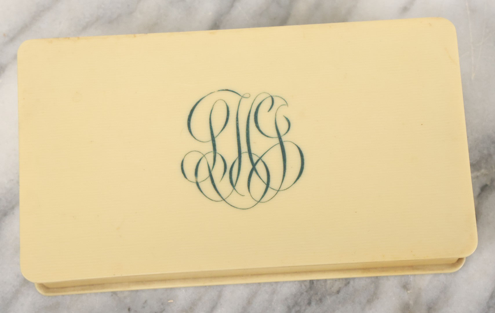 Lot 102 - Antique Celluloid Dresser Jewelry Box With Monogram, L.H.J., Purple Velvet Lining, Note Hinge Broken, Top Lifts Off