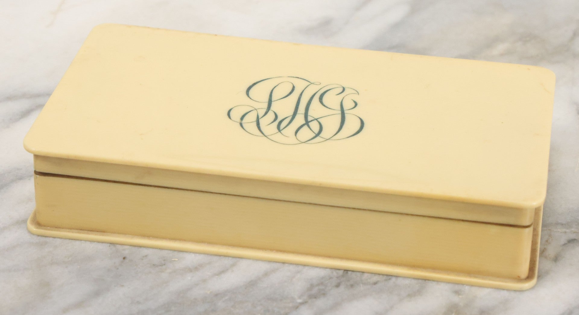 Lot 102 - Antique Celluloid Dresser Jewelry Box With Monogram, L.H.J., Purple Velvet Lining, Note Hinge Broken, Top Lifts Off
