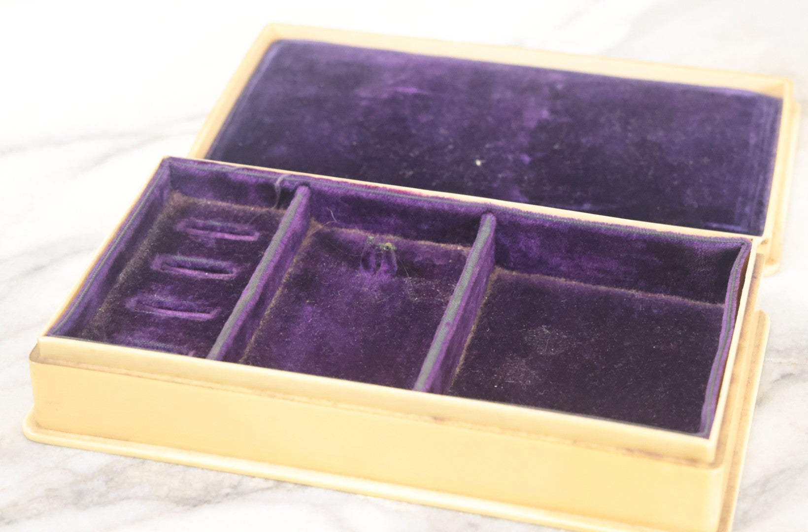 Lot 102 - Antique Celluloid Dresser Jewelry Box With Monogram, L.H.J., Purple Velvet Lining, Note Hinge Broken, Top Lifts Off