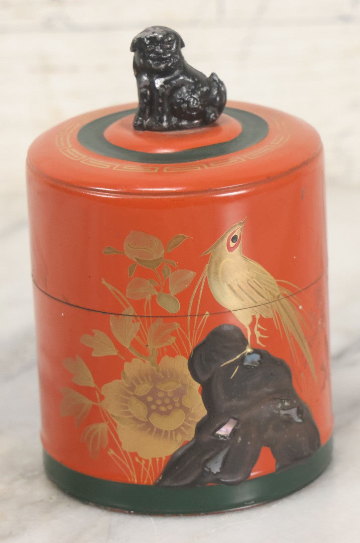 Lot 104 - Vintage Orange Tea Tin With Hand Painted Bird And Flower Details, Foo Dog Lid Handle, Made In Japan