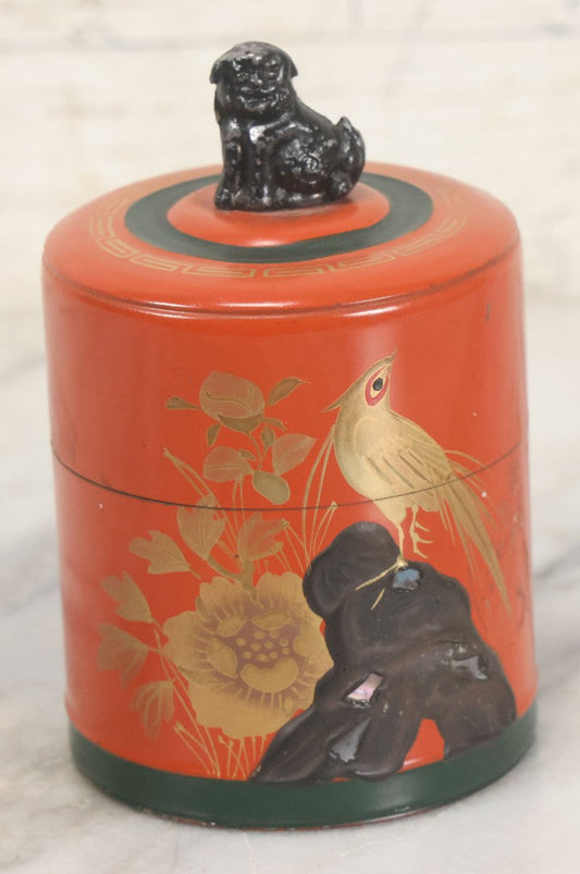Lot 104 - Vintage Orange Tea Tin With Hand Painted Bird And Flower Details, Foo Dog Lid Handle, Made In Japan