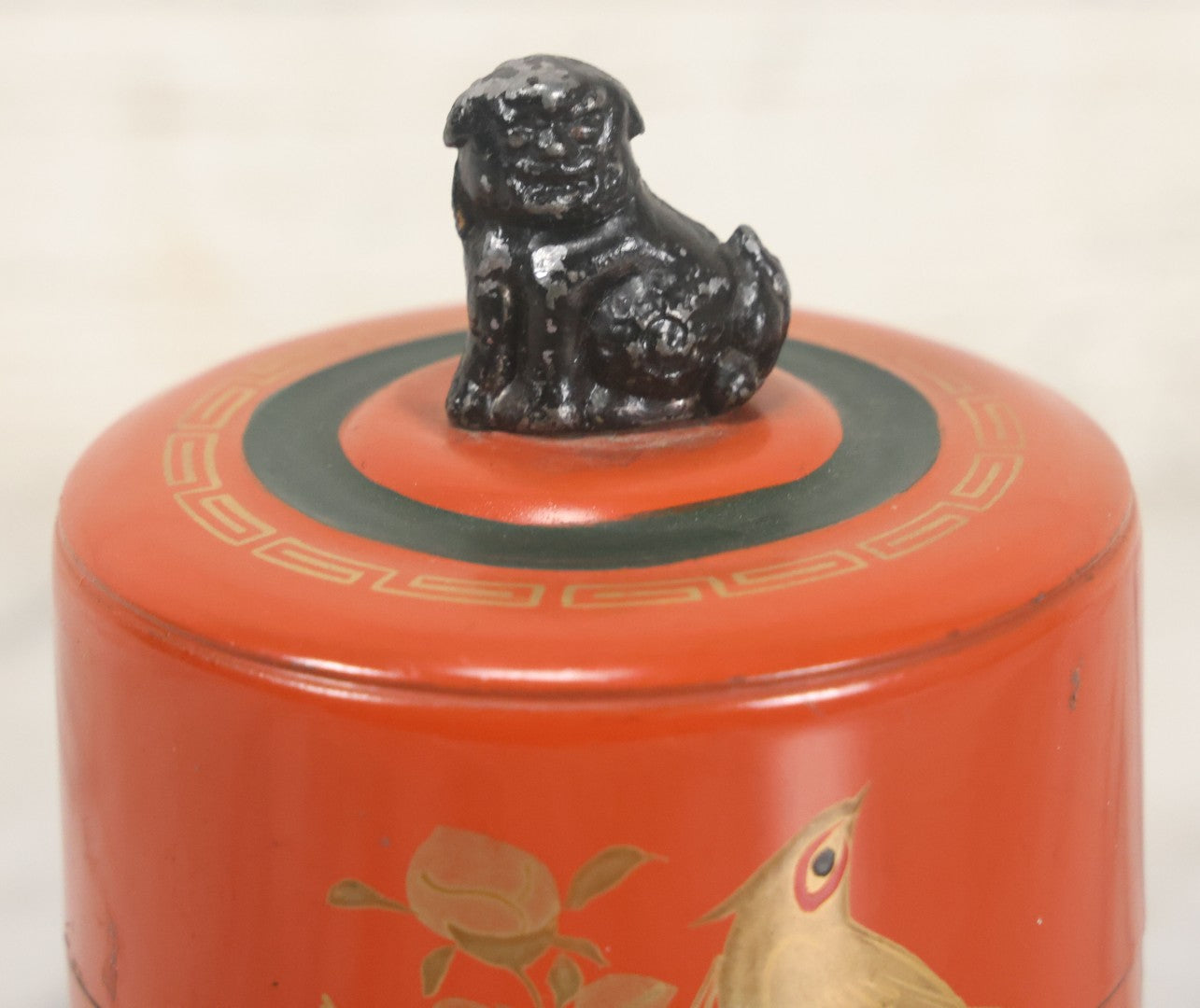 Lot 104 - Vintage Orange Tea Tin With Hand Painted Bird And Flower Details, Foo Dog Lid Handle, Made In Japan