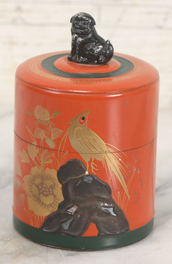 Lot 104 - Vintage Orange Tea Tin With Hand Painted Bird And Flower Details, Foo Dog Lid Handle, Made In Japan