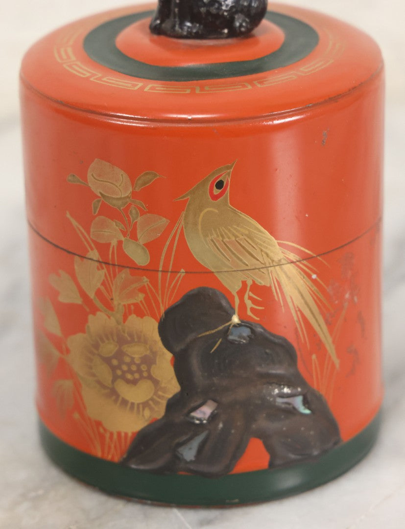 Lot 104 - Vintage Orange Tea Tin With Hand Painted Bird And Flower Details, Foo Dog Lid Handle, Made In Japan