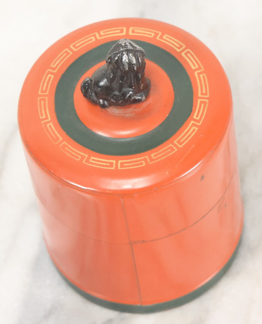 Lot 104 - Vintage Orange Tea Tin With Hand Painted Bird And Flower Details, Foo Dog Lid Handle, Made In Japan