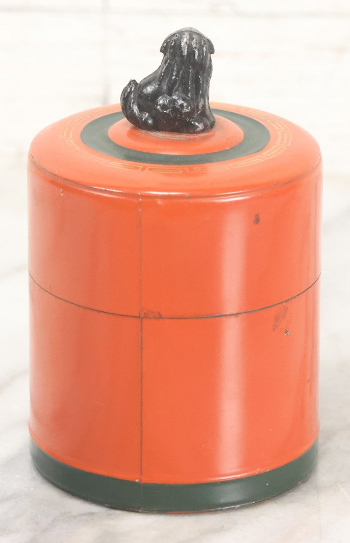 Lot 104 - Vintage Orange Tea Tin With Hand Painted Bird And Flower Details, Foo Dog Lid Handle, Made In Japan