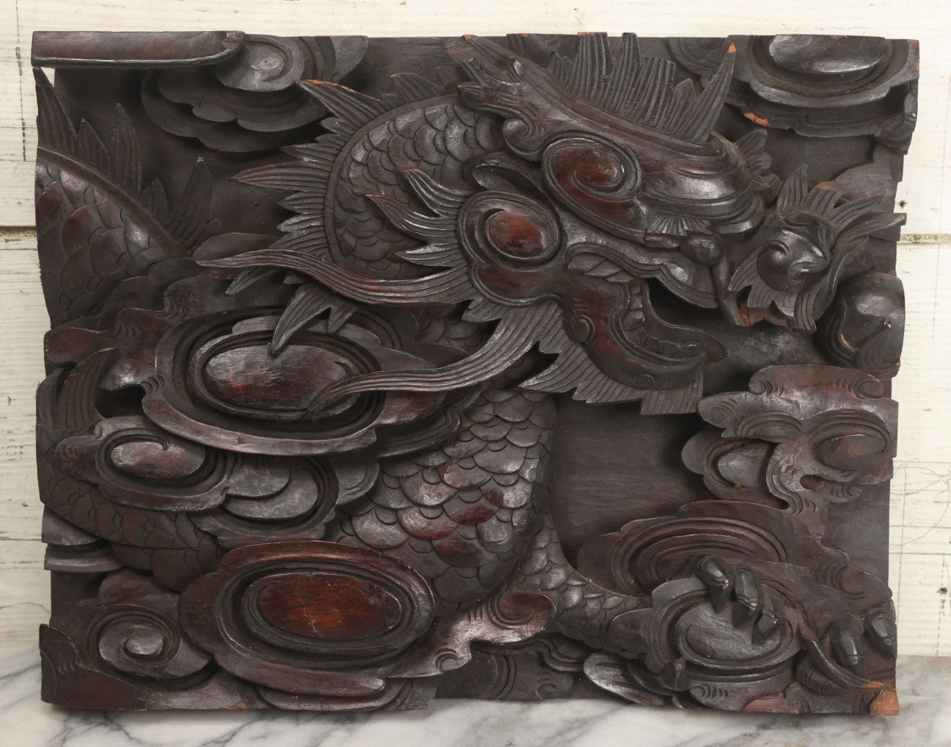 Lot 001 - Antique Hand Carved Wood Relief Plaque With Dragons, 16" x 12-1/2"