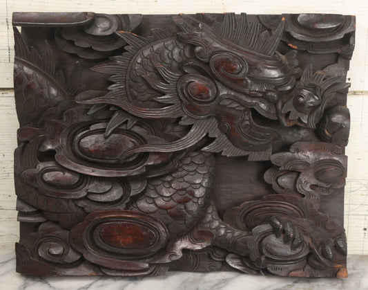 Lot 001 - Antique Hand Carved Wood Relief Plaque With Dragons, 16" x 12-1/2"