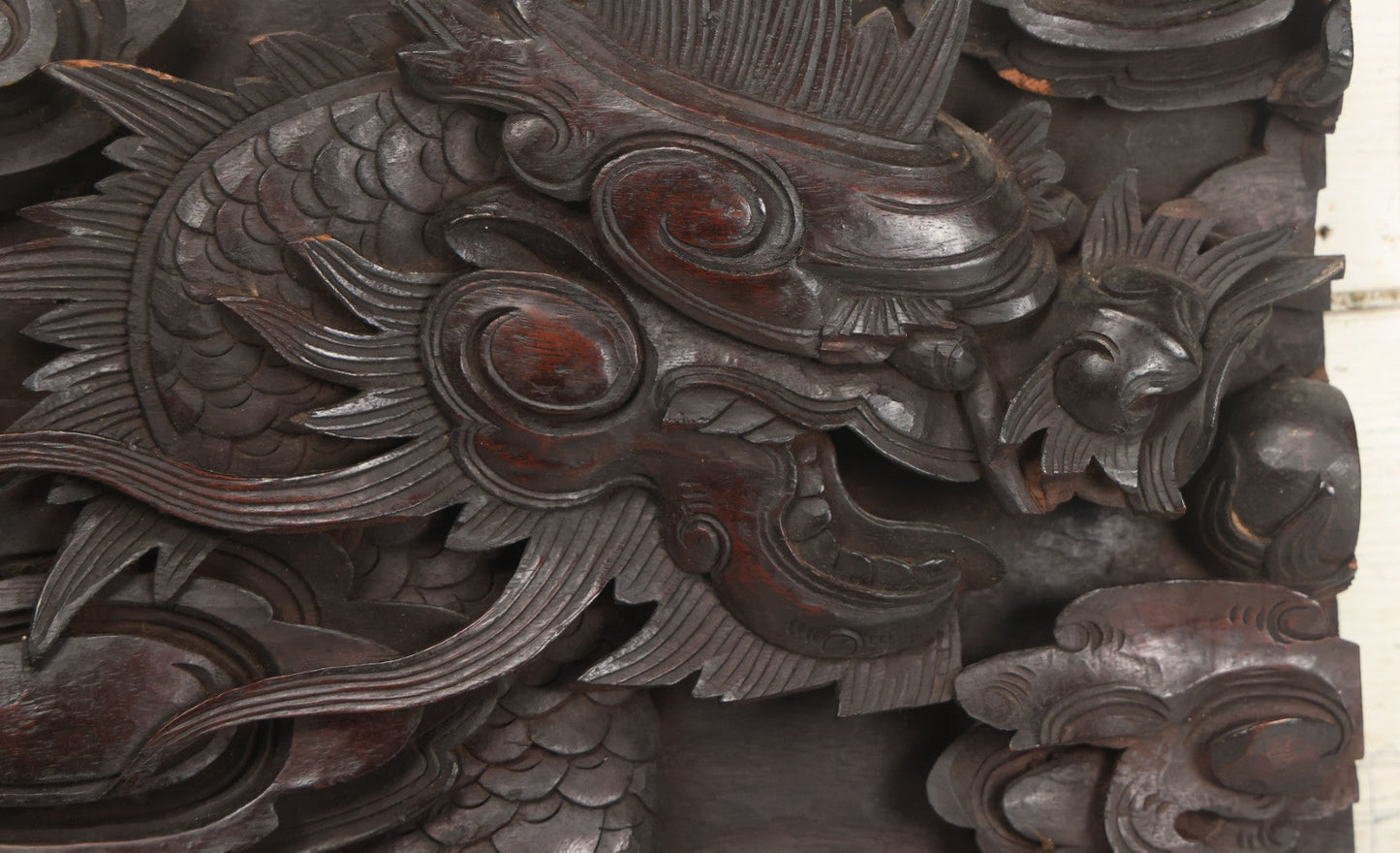 Lot 001 - Antique Hand Carved Wood Relief Plaque With Dragons, 16" x 12-1/2"