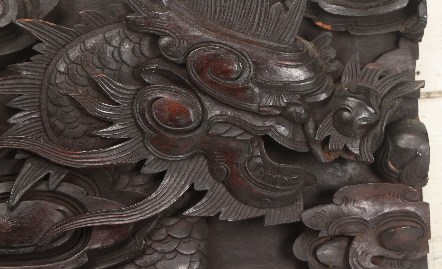 Lot 001 - Antique Hand Carved Wood Relief Plaque With Dragons, 16" x 12-1/2"