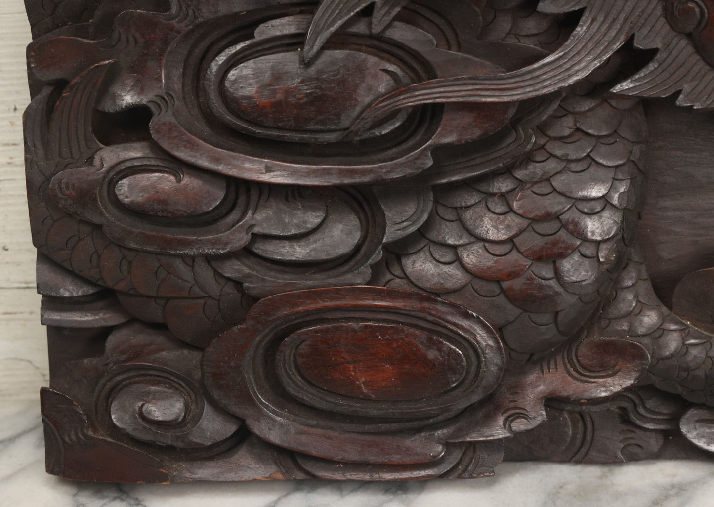 Lot 001 - Antique Hand Carved Wood Relief Plaque With Dragons, 16" x 12-1/2"