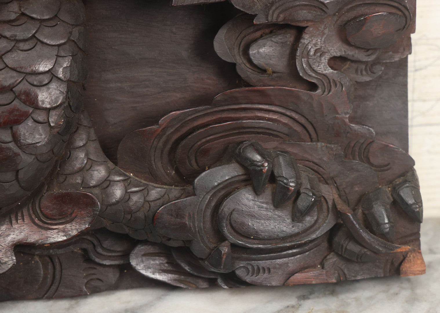 Lot 001 - Antique Hand Carved Wood Relief Plaque With Dragons, 16" x 12-1/2"