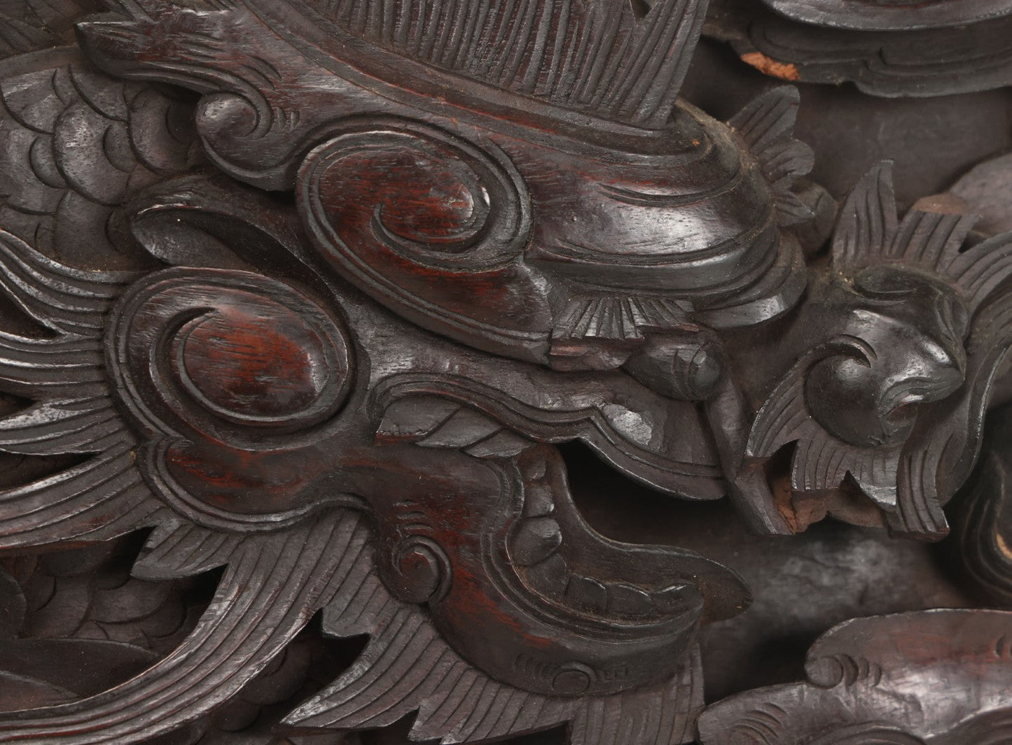 Lot 001 - Antique Hand Carved Wood Relief Plaque With Dragons, 16" x 12-1/2"