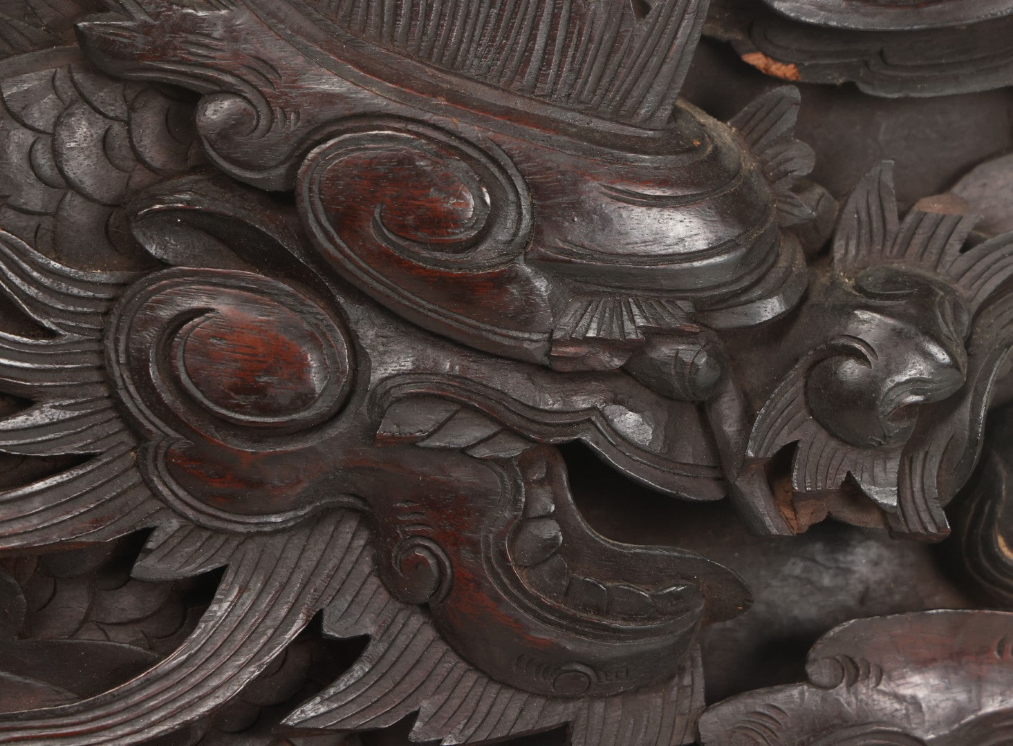 Lot 001 - Antique Hand Carved Wood Relief Plaque With Dragons, 16" x 12-1/2"
