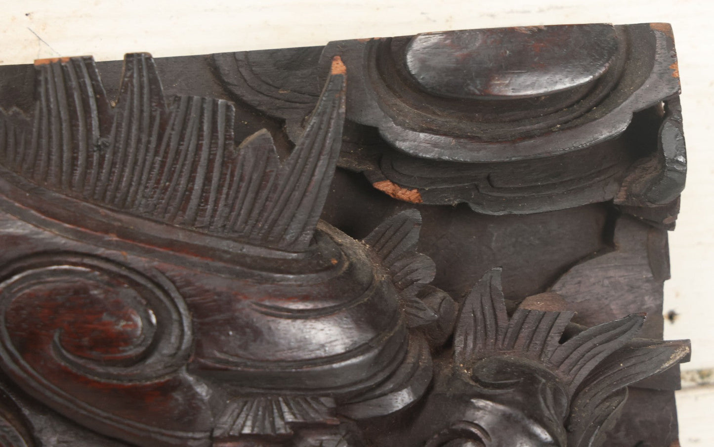 Lot 001 - Antique Hand Carved Wood Relief Plaque With Dragons, 16" x 12-1/2"