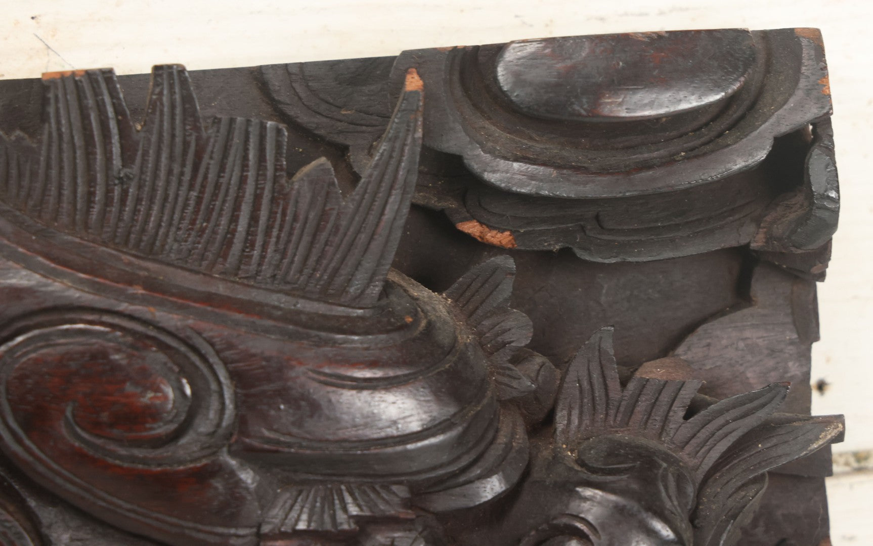 Lot 001 - Antique Hand Carved Wood Relief Plaque With Dragons, 16" x 12-1/2"