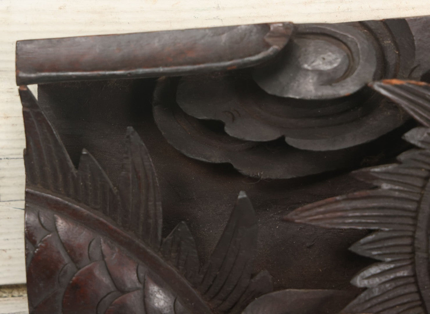 Lot 001 - Antique Hand Carved Wood Relief Plaque With Dragons, 16" x 12-1/2"