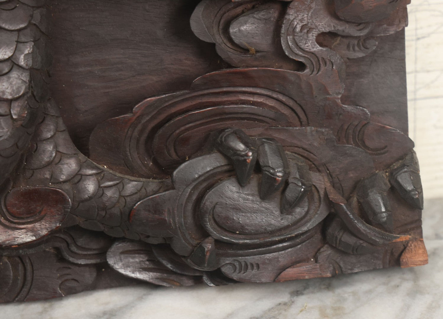 Lot 001 - Antique Hand Carved Wood Relief Plaque With Dragons, 16" x 12-1/2"