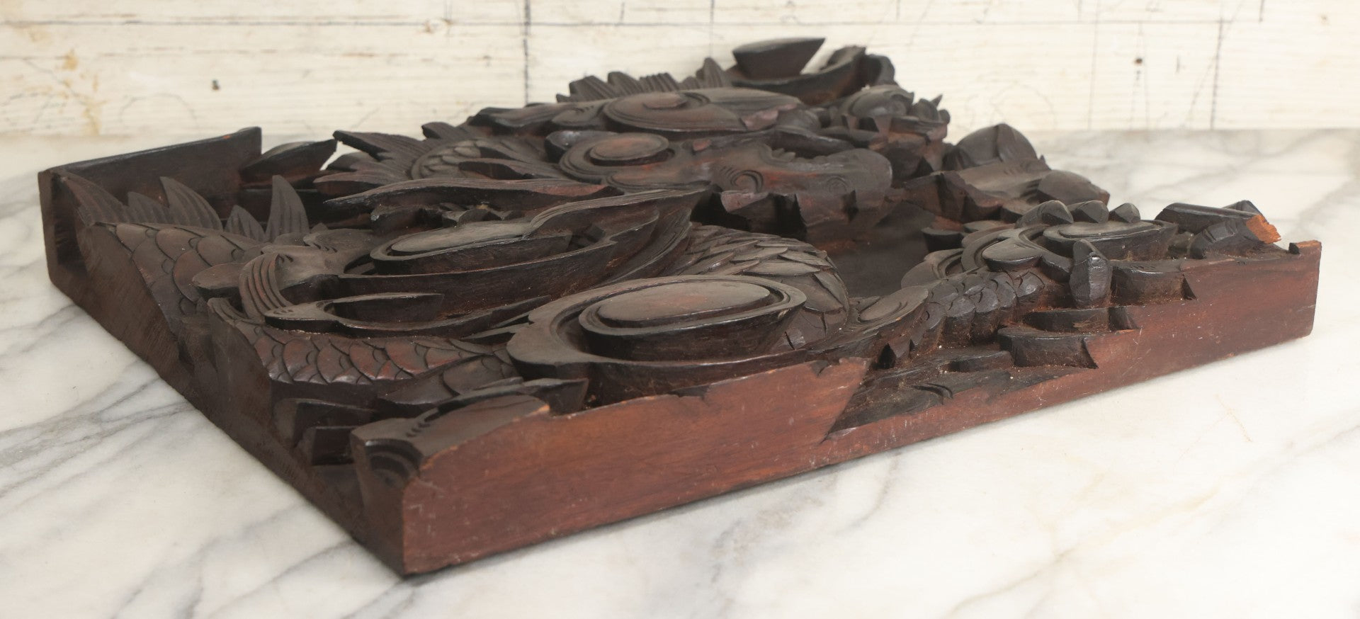 Lot 001 - Antique Hand Carved Wood Relief Plaque With Dragons, 16" x 12-1/2"