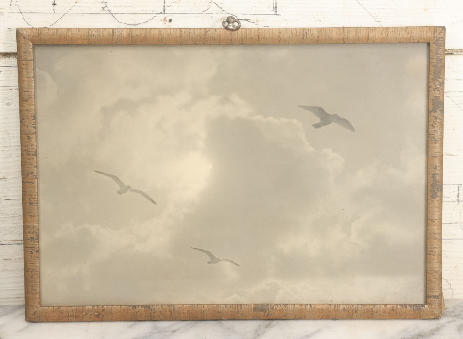 Lot 005 - Antique Flush Mounted Boarded Photograph Of Seagulls Over San Francisco California By Willard E. Worden (1868-1946), Circa 1900, In Frame, Framed At Jordan Marsh Company, 13-5/8" x 9-5/8"