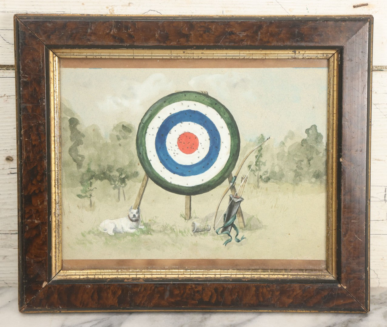 Lot 006 - Antique Original Watercolor Painting Of A Pitbull Dog Laying In The Grass Beside An Archery Target With Bow And Quiver Of Arrows, Circa 1880s, Framed, 12-5/8" x 10-5/8"