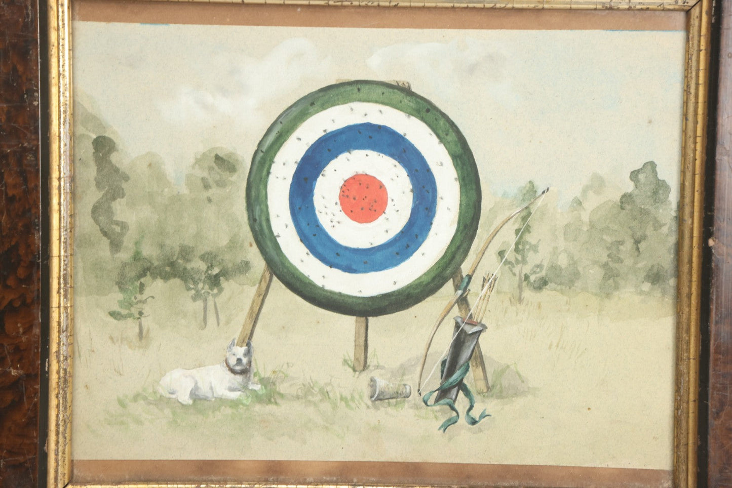 Lot 006 - Antique Original Watercolor Painting Of A Pitbull Dog Laying In The Grass Beside An Archery Target With Bow And Quiver Of Arrows, Circa 1880s, Framed, 12-5/8" x 10-5/8"