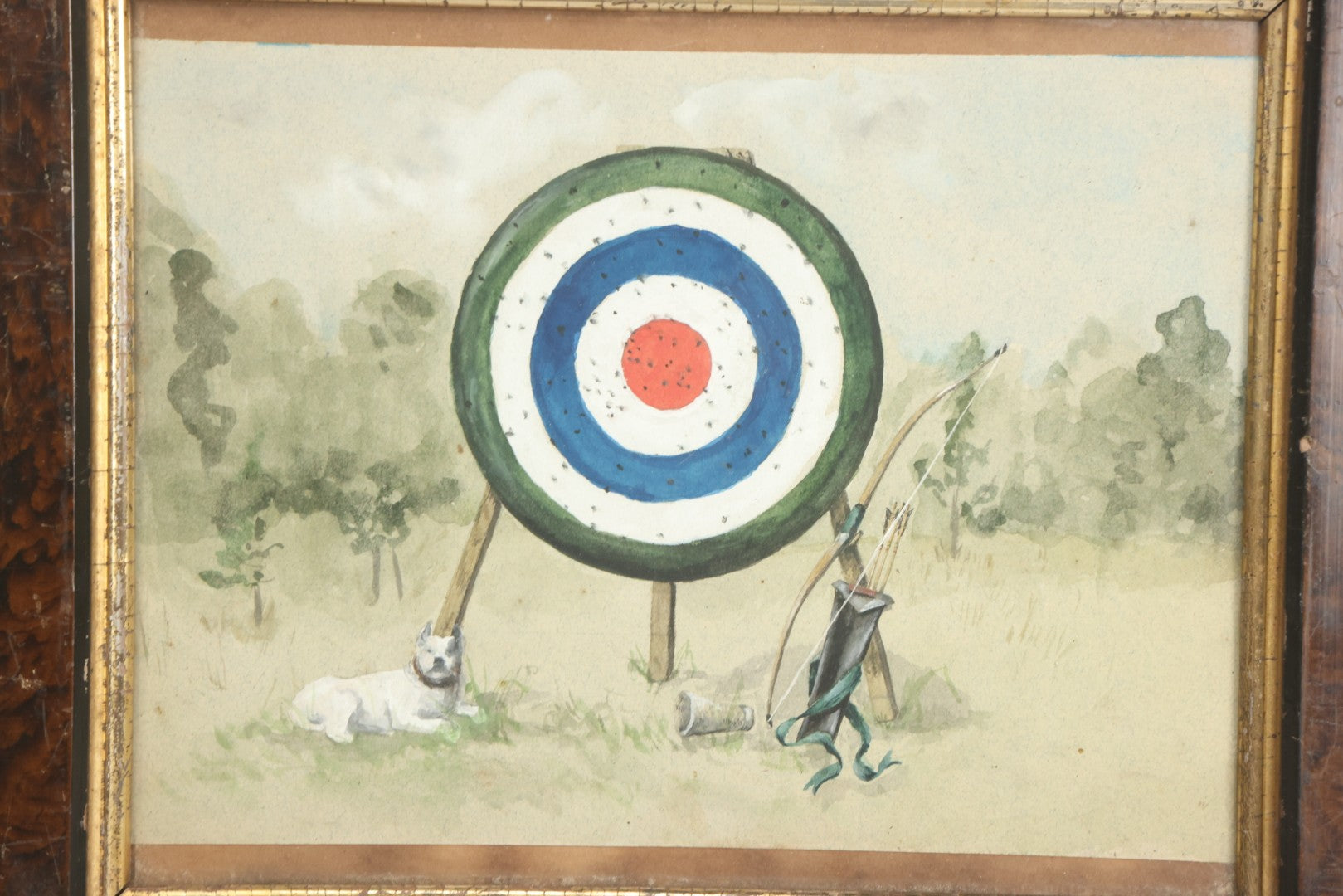 Lot 006 - Antique Original Watercolor Painting Of A Pitbull Dog Laying In The Grass Beside An Archery Target With Bow And Quiver Of Arrows, Circa 1880s, Framed, 12-5/8" x 10-5/8"