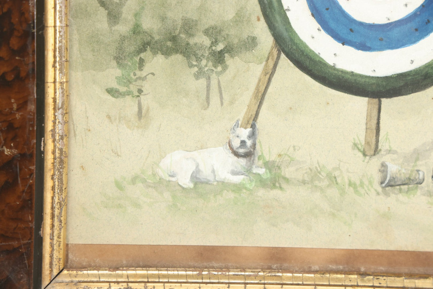 Lot 006 - Antique Original Watercolor Painting Of A Pitbull Dog Laying In The Grass Beside An Archery Target With Bow And Quiver Of Arrows, Circa 1880s, Framed, 12-5/8" x 10-5/8"