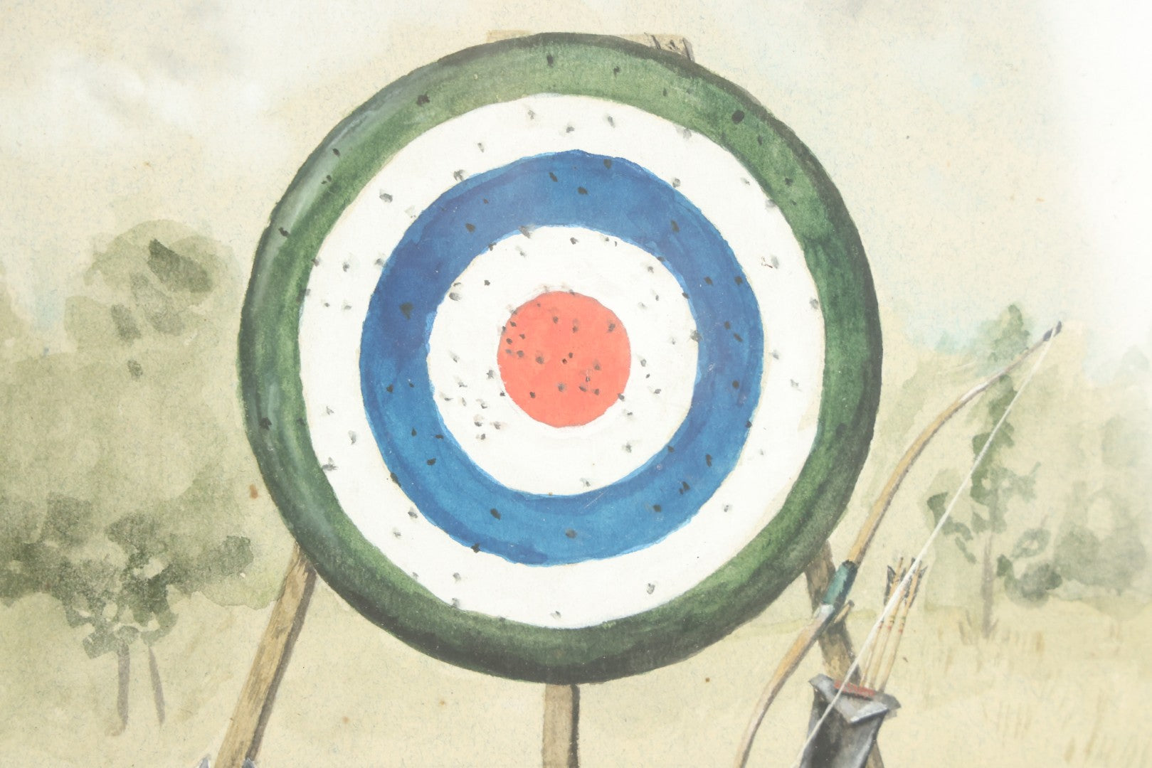 Lot 006 - Antique Original Watercolor Painting Of A Pitbull Dog Laying In The Grass Beside An Archery Target With Bow And Quiver Of Arrows, Circa 1880s, Framed, 12-5/8" x 10-5/8"