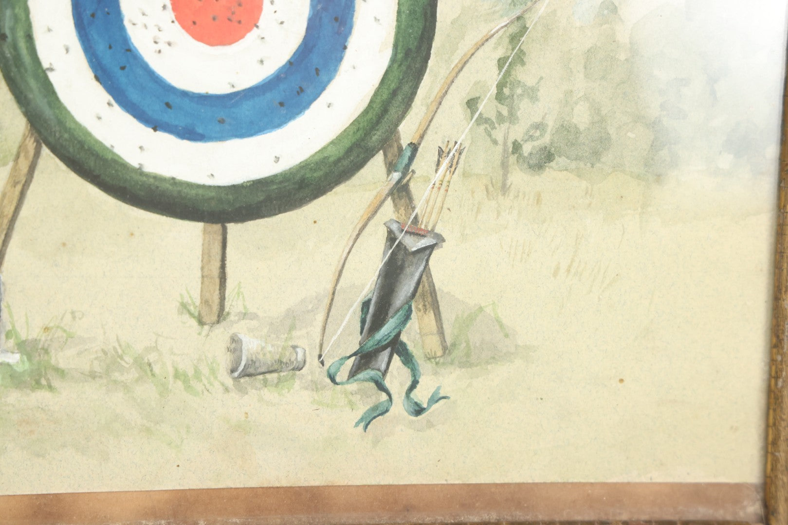 Lot 006 - Antique Original Watercolor Painting Of A Pitbull Dog Laying In The Grass Beside An Archery Target With Bow And Quiver Of Arrows, Circa 1880s, Framed, 12-5/8" x 10-5/8"