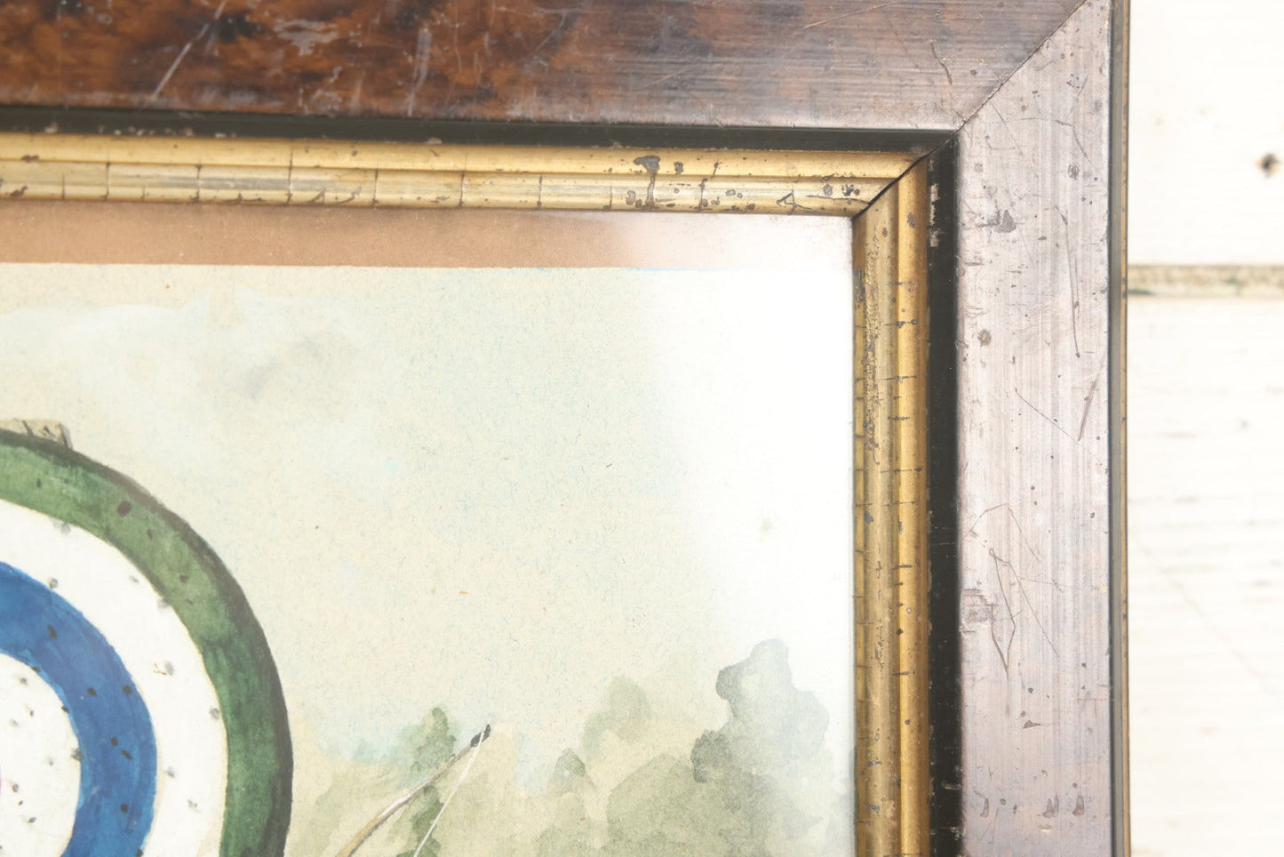 Lot 006 - Antique Original Watercolor Painting Of A Pitbull Dog Laying In The Grass Beside An Archery Target With Bow And Quiver Of Arrows, Circa 1880s, Framed, 12-5/8" x 10-5/8"