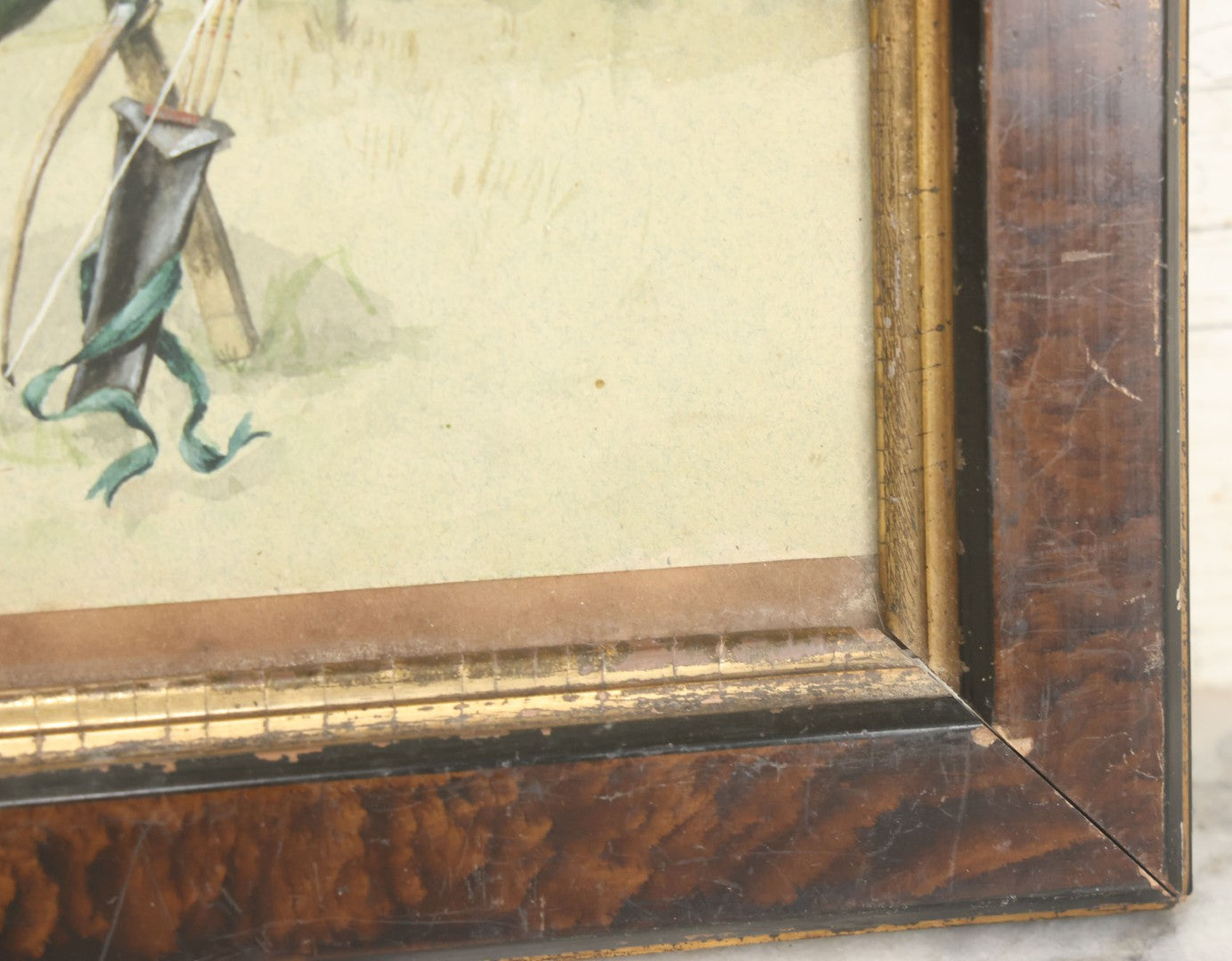 Lot 006 - Antique Original Watercolor Painting Of A Pitbull Dog Laying In The Grass Beside An Archery Target With Bow And Quiver Of Arrows, Circa 1880s, Framed, 12-5/8" x 10-5/8"