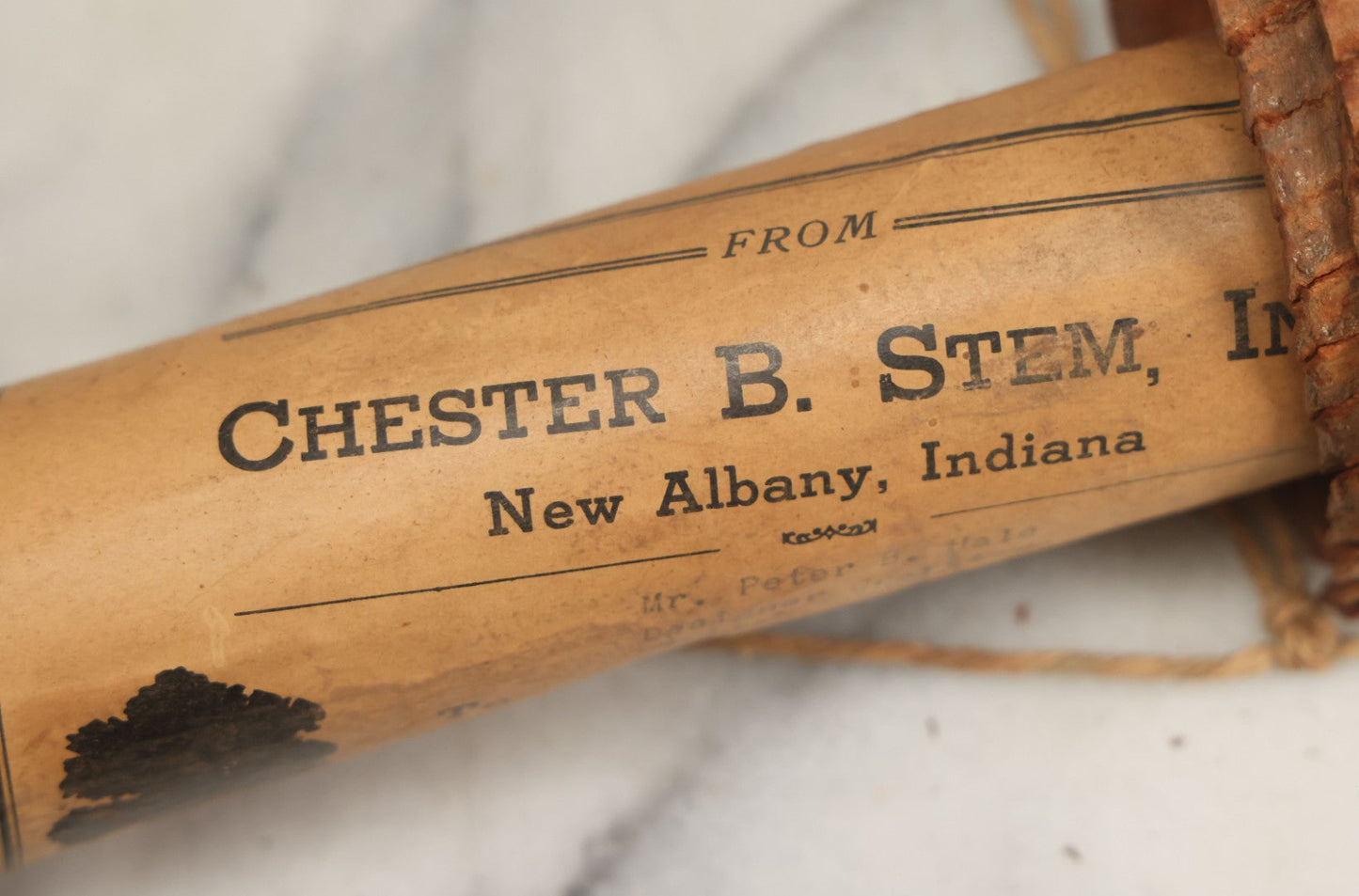 Lot 007 - Antique Snakeskin Store Display With Two Varieties Of Snakeskin On Hanging Cardboard Tube, Sent From Chester B. Stem Inc., New Albany, Indiana, To Mr. Peter B. Hale, Designer And Craftsman Of Hampton, Connecticut