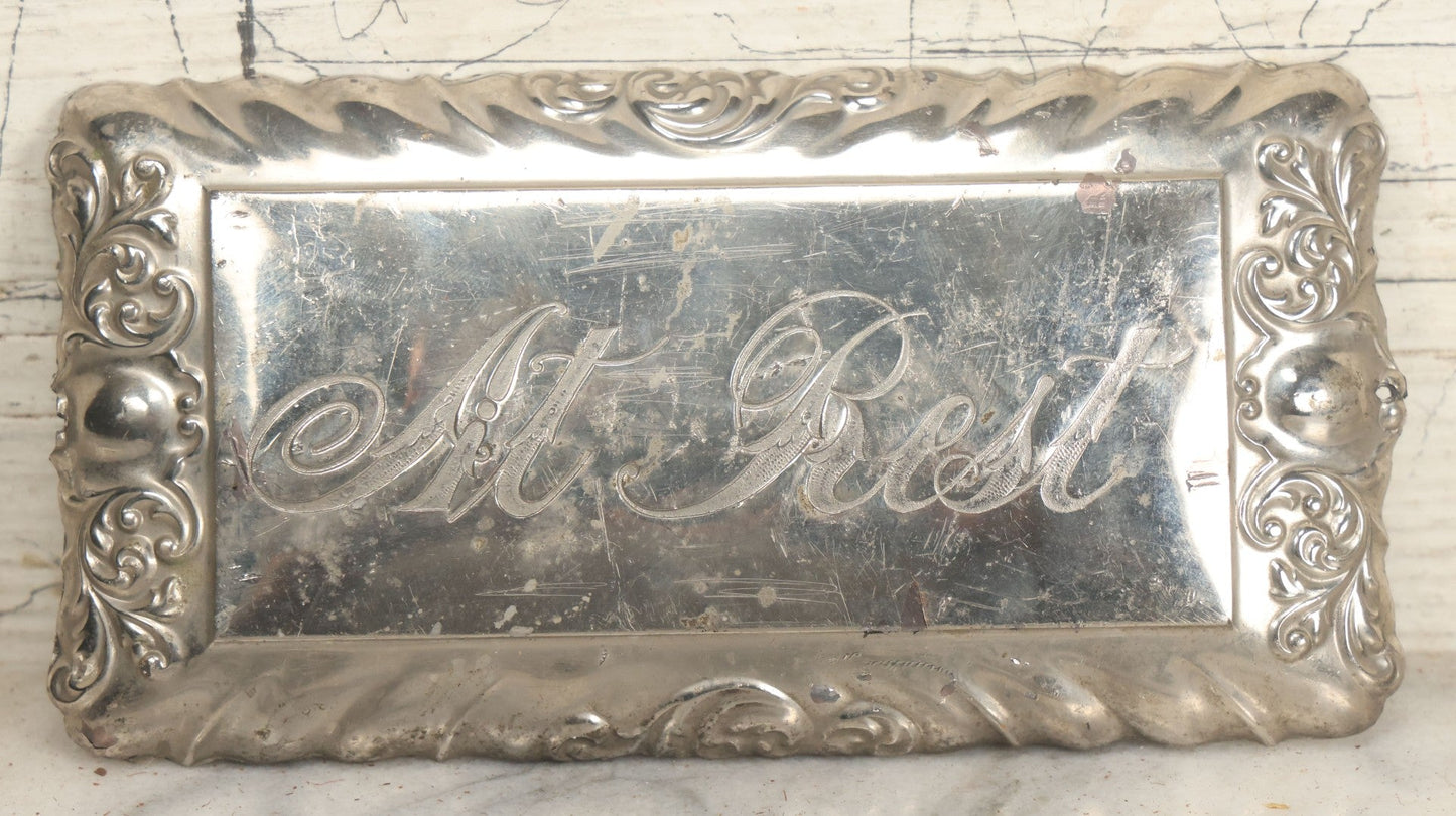 Lot 008 - Antique Cast Metal Chrome At Rest Casket Memorial Plaque, 7-1/4" x 3-3/4"