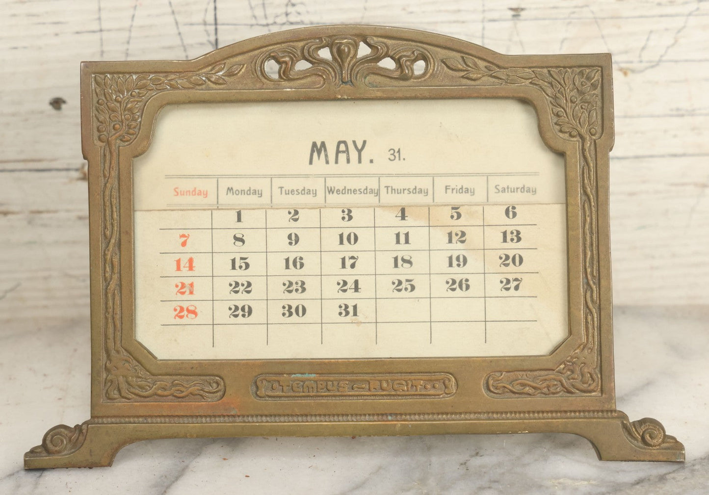 Lot 009 - Antique Art Nouveau Cast Metal Perpetual Calendar, "Tempus Fugit" ("Time Flies"), From Virgil Poem Georgics, With Complete Set Of Cardstock Inserts