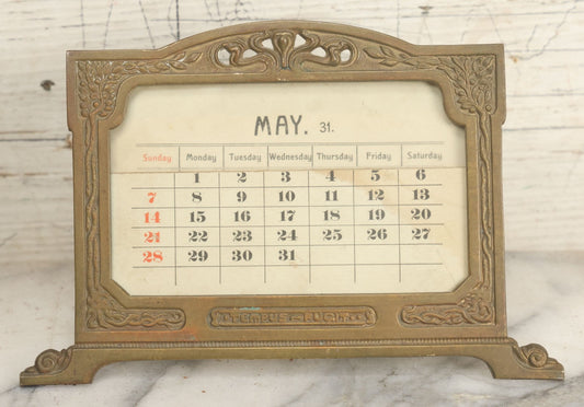 Lot 009 - Antique Art Nouveau Cast Metal Perpetual Calendar, "Tempus Fugit" ("Time Flies"), From Virgil Poem Georgics, With Complete Set Of Cardstock Inserts
