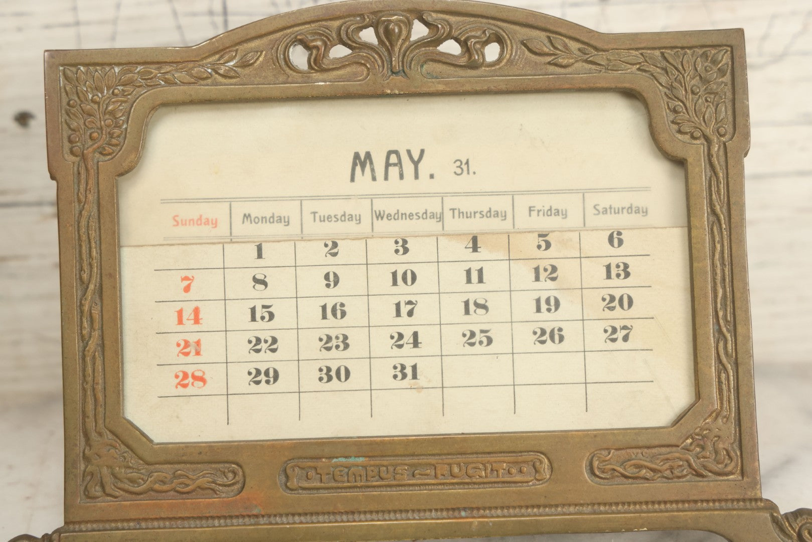 Lot 009 - Antique Art Nouveau Cast Metal Perpetual Calendar, "Tempus Fugit" ("Time Flies"), From Virgil Poem Georgics, With Complete Set Of Cardstock Inserts