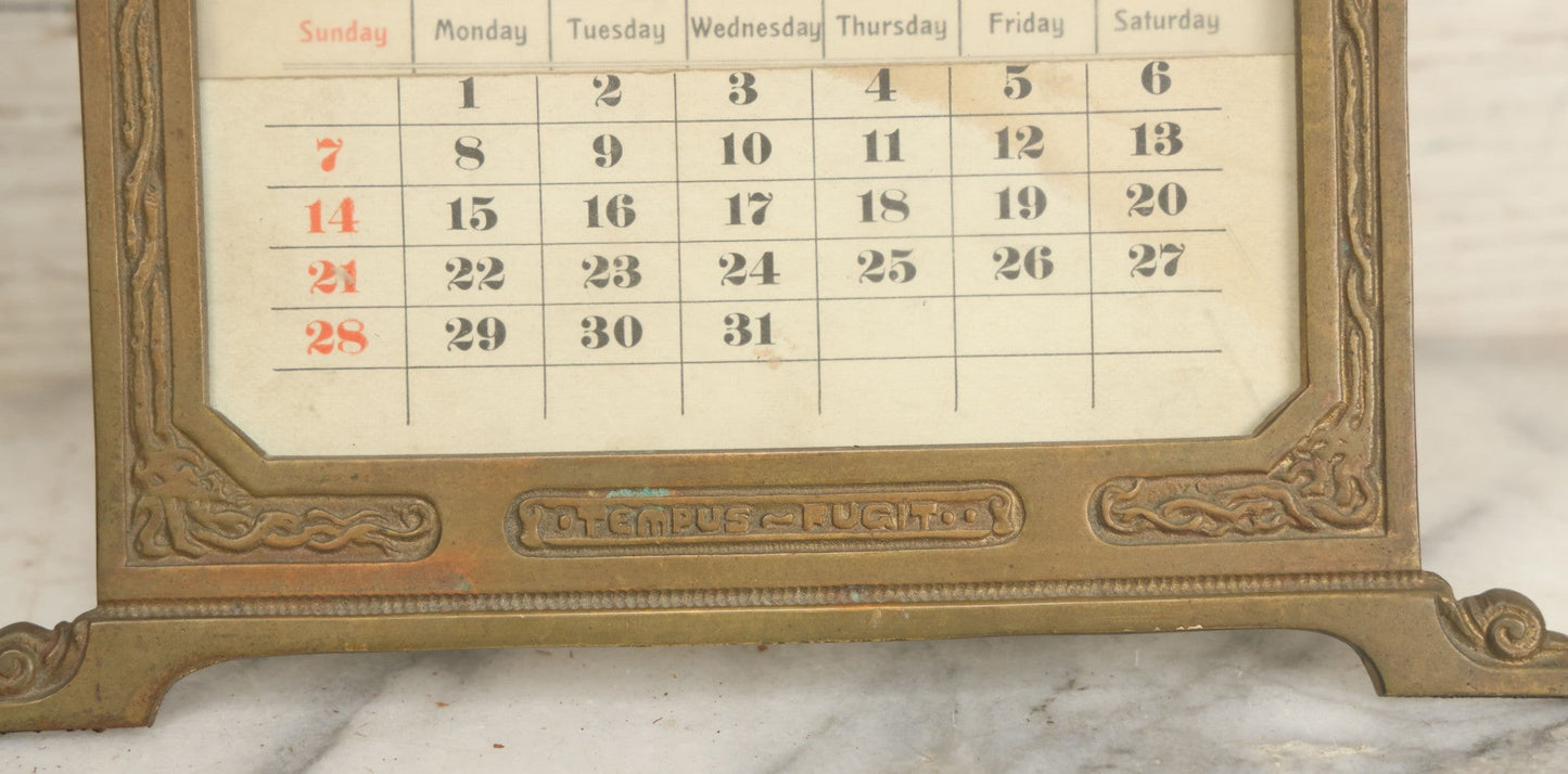 Lot 009 - Antique Art Nouveau Cast Metal Perpetual Calendar, "Tempus Fugit" ("Time Flies"), From Virgil Poem Georgics, With Complete Set Of Cardstock Inserts
