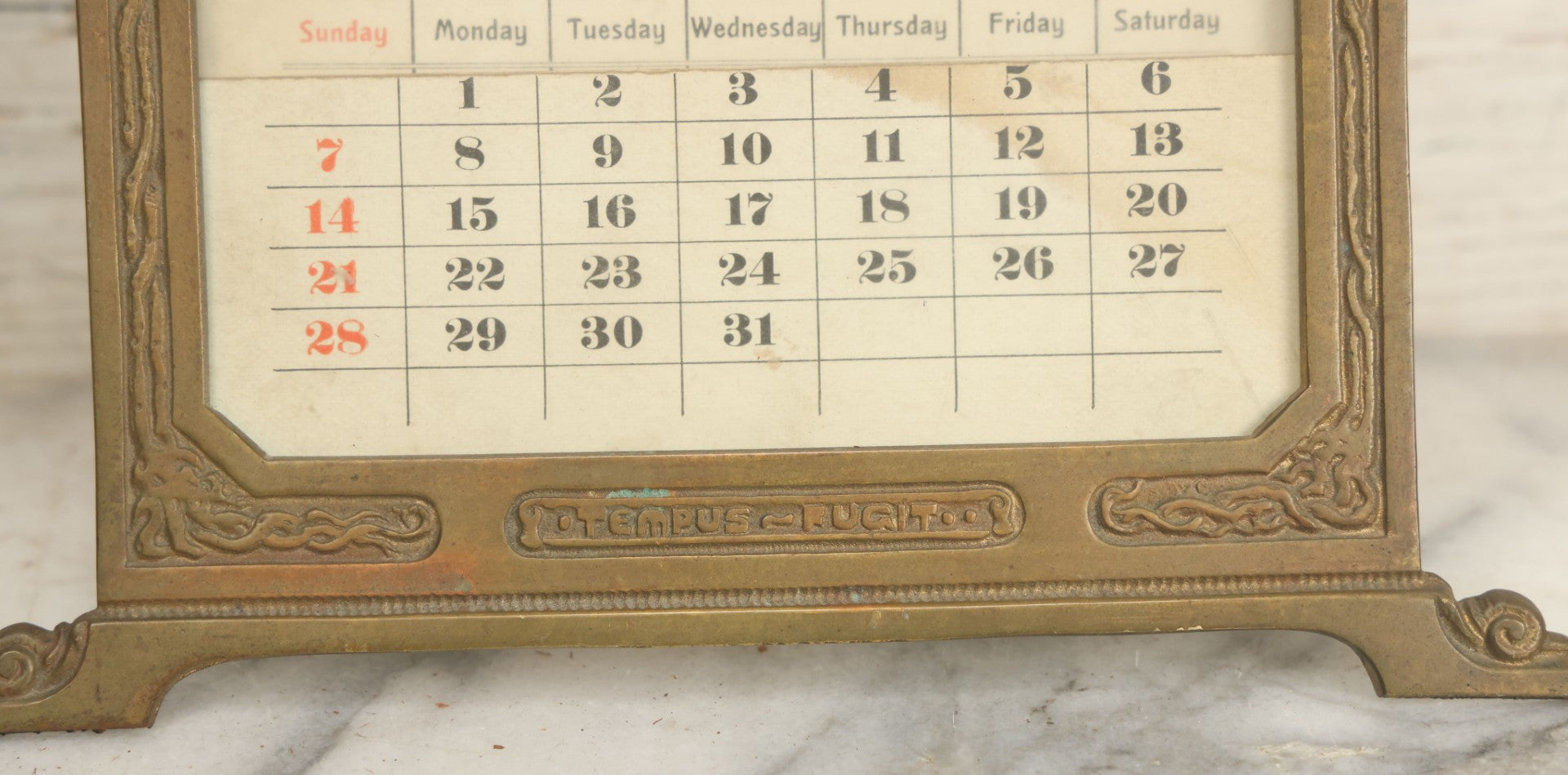 Lot 009 - Antique Art Nouveau Cast Metal Perpetual Calendar, "Tempus Fugit" ("Time Flies"), From Virgil Poem Georgics, With Complete Set Of Cardstock Inserts