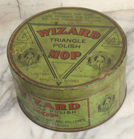 Lot 011 - Antique Triangle Wizard Polish Mop Tin Lithograph Advertising Tin By Wizard Products Company, Chicago, With Black Cat ,Owl, And Woman Wizard Trademark Motif