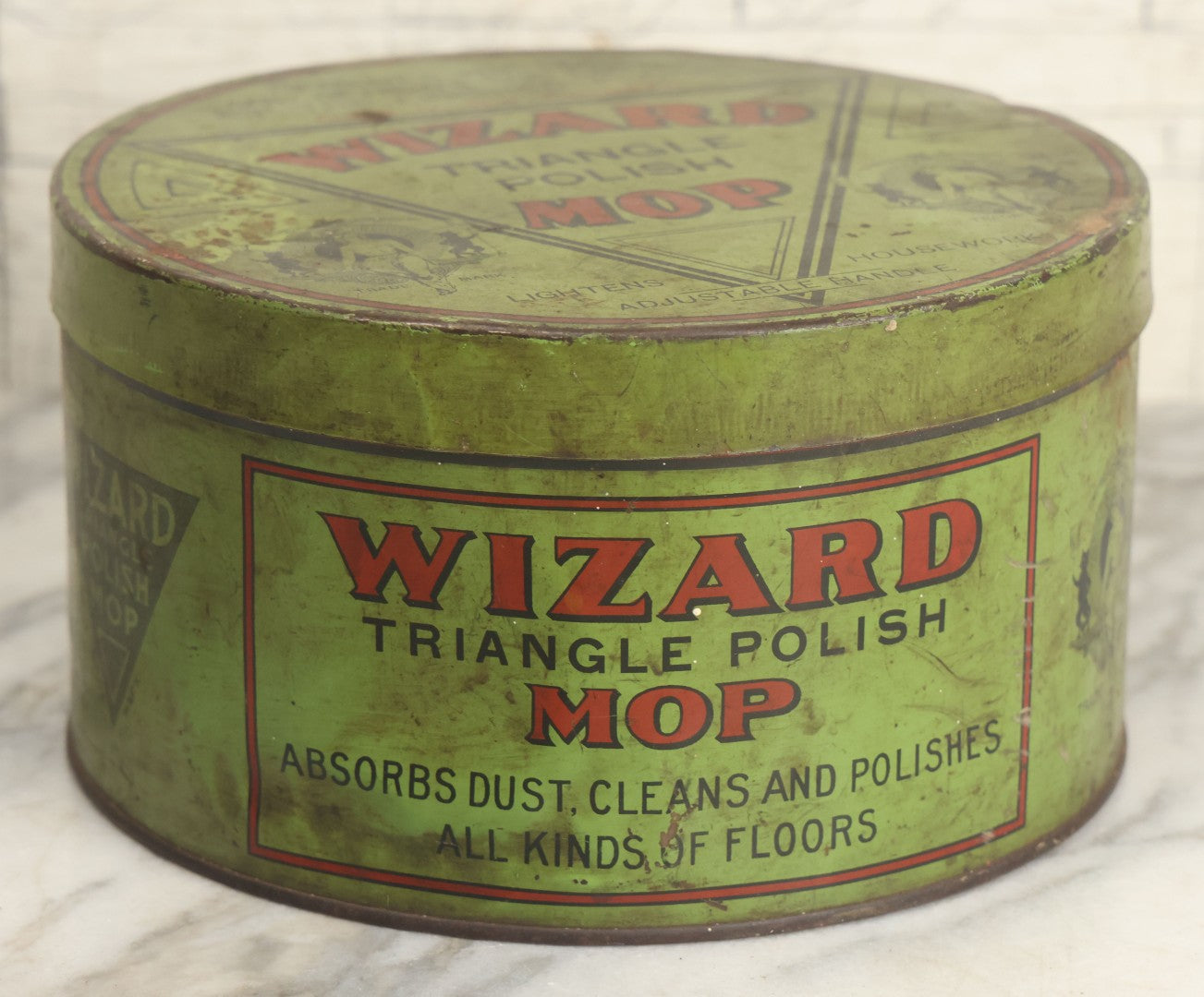 Lot 011 - Antique Triangle Wizard Polish Mop Tin Lithograph Advertising Tin By Wizard Products Company, Chicago, With Black Cat ,Owl, And Woman Wizard Trademark Motif