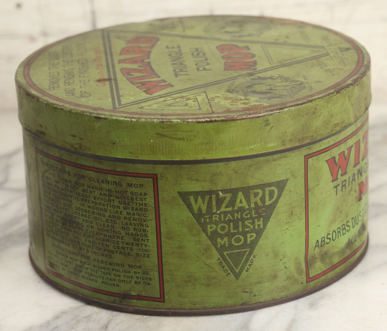 Lot 011 - Antique Triangle Wizard Polish Mop Tin Lithograph Advertising Tin By Wizard Products Company, Chicago, With Black Cat ,Owl, And Woman Wizard Trademark Motif
