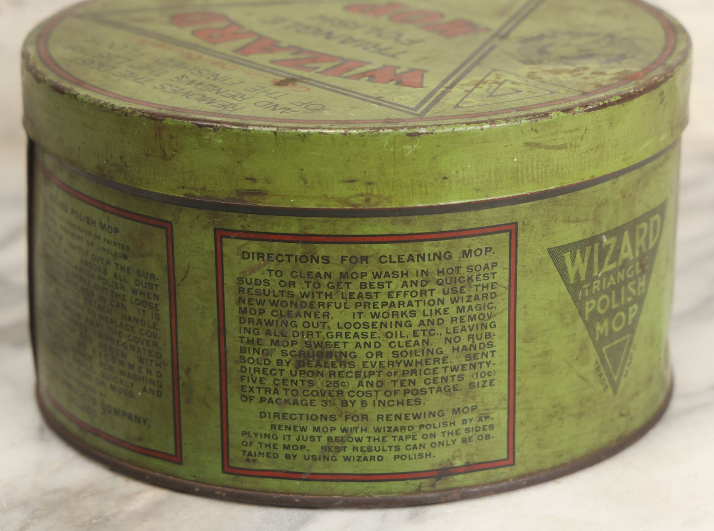 Lot 011 - Antique Triangle Wizard Polish Mop Tin Lithograph Advertising Tin By Wizard Products Company, Chicago, With Black Cat ,Owl, And Woman Wizard Trademark Motif