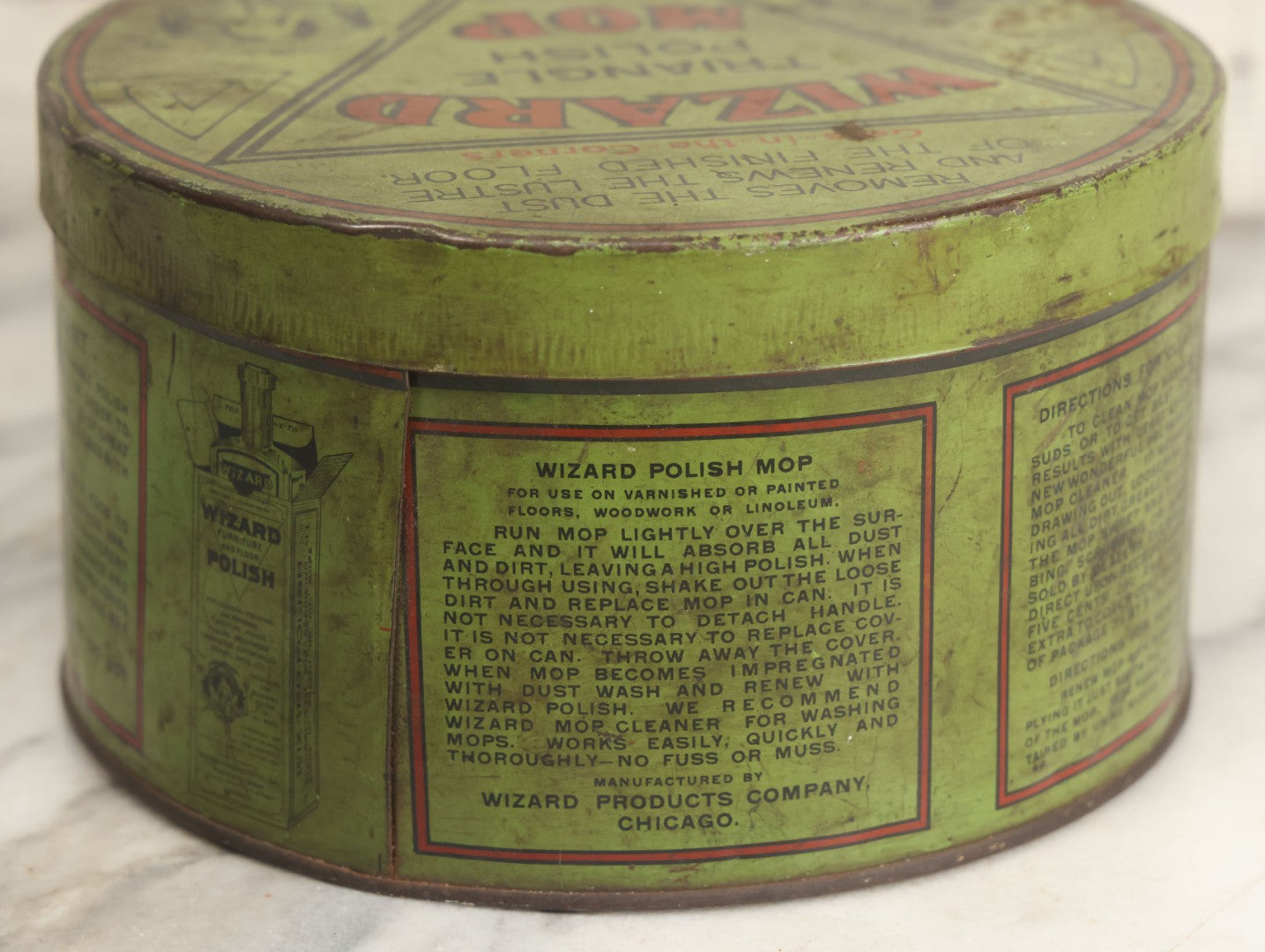 Lot 011 - Antique Triangle Wizard Polish Mop Tin Lithograph Advertising Tin By Wizard Products Company, Chicago, With Black Cat ,Owl, And Woman Wizard Trademark Motif