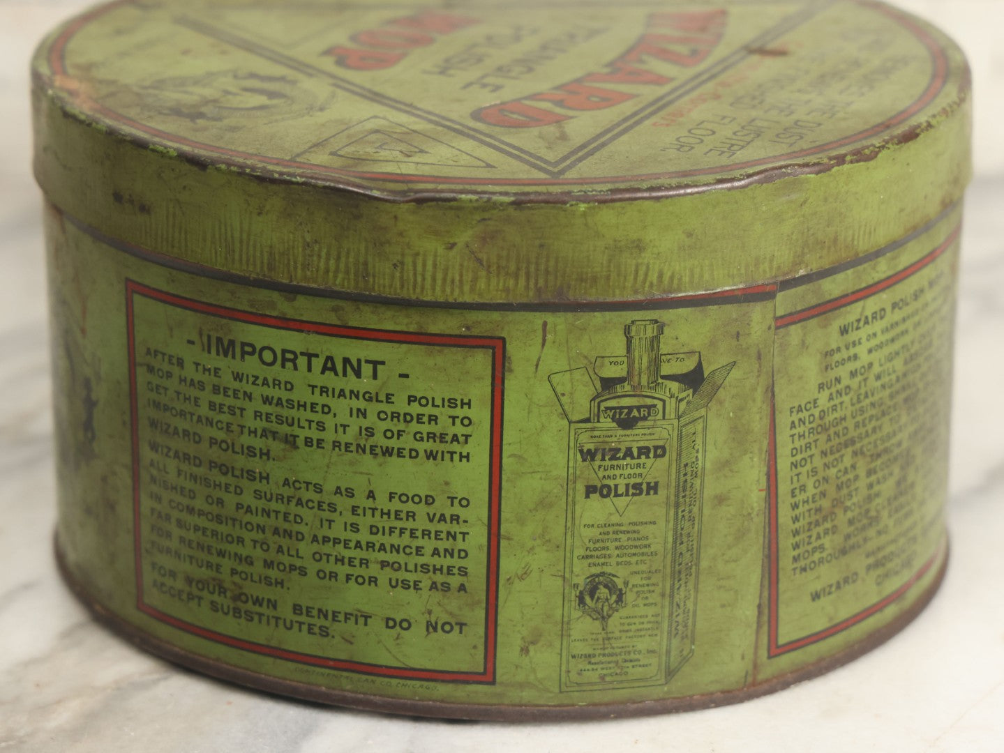 Lot 011 - Antique Triangle Wizard Polish Mop Tin Lithograph Advertising Tin By Wizard Products Company, Chicago, With Black Cat ,Owl, And Woman Wizard Trademark Motif